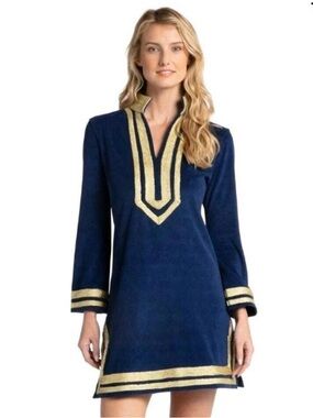 Cabana Life Terry Navy Blue and Gold Lurex Women's Swim Cover-Up Size S Small